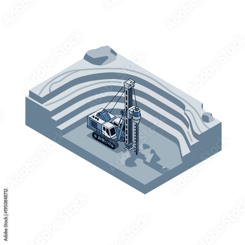 Isometric illustration of a drilling machine operating in a stepped open-pit mine, showcasing heavy machinery and excavation.
