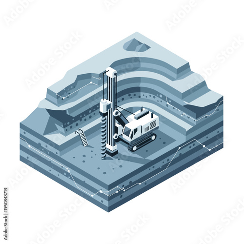 Isometric illustration of a drilling rig operating in a layered excavation site, symbolizing mining or construction operations.