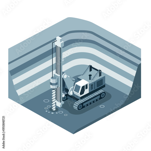 Isometric illustration of a drilling rig excavating a layered geological formation in a construction site.