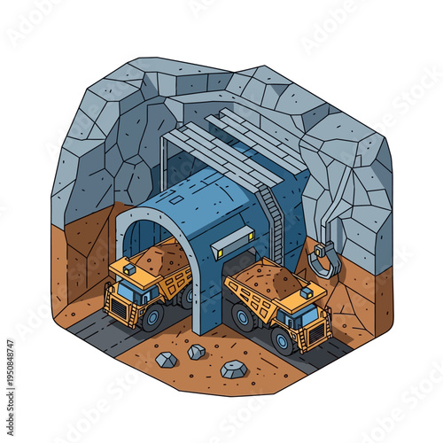 Isometric illustration of two yellow dump trucks carrying dirt and rocks entering and exiting a mine tunnel.