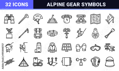 Professional Outdoor Adventure Mountaineering and Rock Climbing Equipment Outline Symbols Featuring High Legibility Technical Monoline Aesthetics