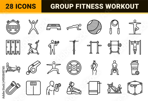 Group Fitness and Personal Training Monoline Outline Symbols Featuring Workout Equipment and Athletic Poses for Gym Management UI Design