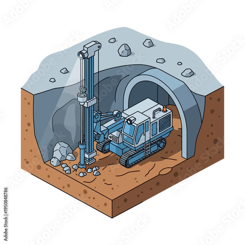 Isometric illustration of a tunnel boring machine and drilling equipment excavating a tunnel underground.