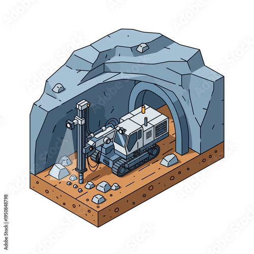 Isometric illustration of a mining drill machine operating inside a rocky cave, breaking down stone with its drilling arm.