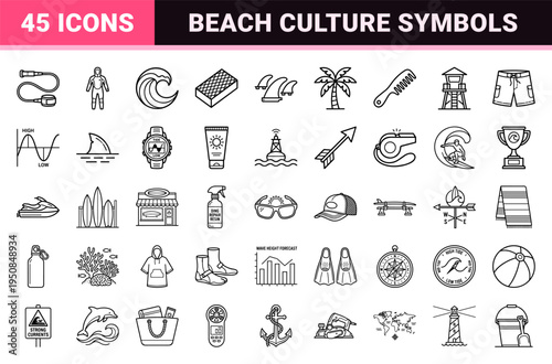 Surfing and Beach Culture Monoline Symbol Set for Coastal Lifestyle Apps and Professional Watersports Branding Technical Vector Outlines