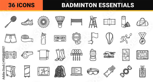 Badminton Equipment and Competitive Tournament Essentials Outline Symbol Set. Minimalist Monoline Visuals for Athletic Training and Sports Analytics.