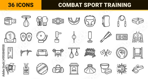 Professional Boxing and Combat Sports Training Equipment Symbols, Minimalist Black Monoline Vector Assets for Athletic Design and Gym Branding