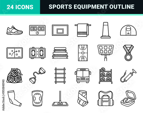 Professional Basketball Equipment Monoline Symbols for Sports Analytics and Athletic Training Apps Featuring Minimalist Technical Outlines