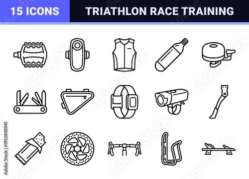 Professional Competitive Cycling and Triathlon Training Equipment Monoline Symbols Featuring Sophisticated Minimalist Vector Line Art Style