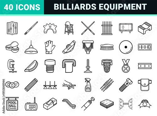 Professional Billiards and Pool Hall Equipment Line Art Featuring Sleek Monoline Cues Balls Racks and Championship Trophies for Game Room Design