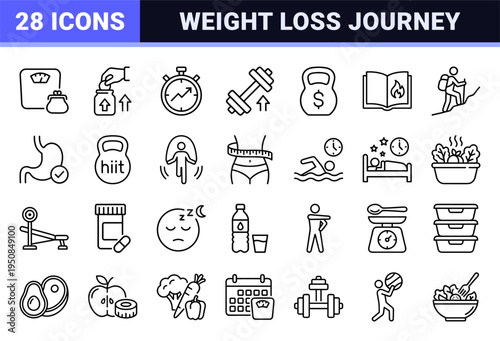 Weight Loss and Fitness Management Line Icons featuring Healthy Diet and Exercise Routines in Minimalist Monoline Style