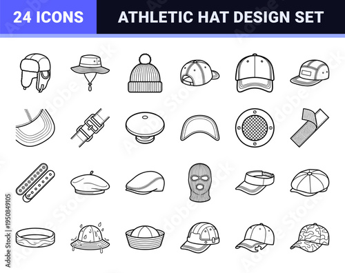 Athletic Headwear and Baseball Cap Technical Monoline Symbols for Sports Apparel Design and Retail E-commerce Interface Navigation