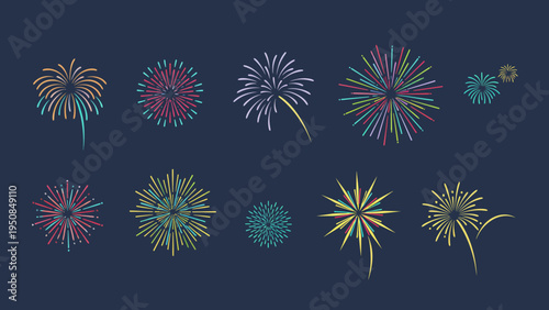 Vector illustrations of festive fireworks displays in various colors and patterns