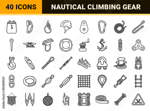 Technical Monoline Rope and Cordage Symbols featuring Maritime Knots Climbing Gear and Industrial Rigging Outline Art for Safety and Marine Navigation