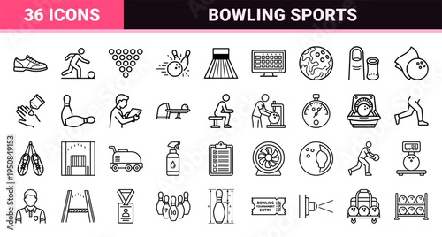Professional Ten-Pin Bowling Sports Equipment and Athlete Stance Monoline Symbols for Tournament Signage and Technical Lane Maintenance Guides