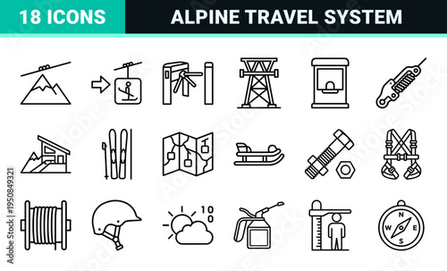 Mountain Transport and Alpine Cable Car Monoline Symbols Featuring Gondolas, Chairlifts, and Ski Resort Infrastructure in Technical Line Art