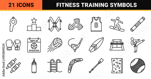 Professional Athletics and Fitness Training Monoline Symbols featuring Minimalist Outline Aesthetic for Competitive Sports Graphic Design.