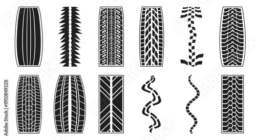 Set of diverse tire track patterns and tread marks vector illustrations for various vehicles and terrains, showcasing different designs and textures