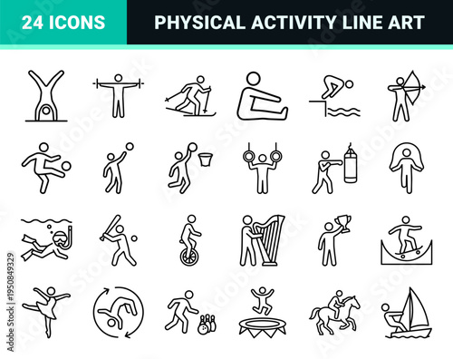 Minimalist Human Activity Outline Symbols Featuring Athletic Movement Pedestrian Navigation and Winter Sports in Sophisticated Monoline Aesthetic