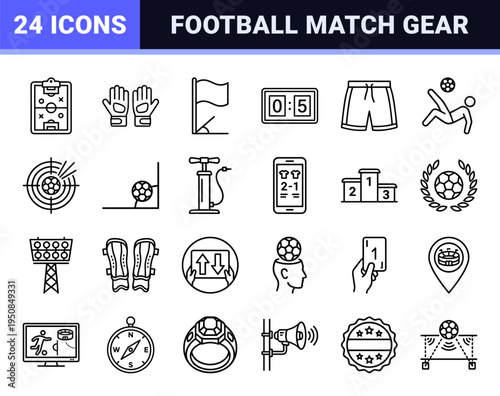 Professional Soccer Athletics Neo-Line Art Graphic Set Featuring Technical Football Symbols and Minimalist Tournament Equipment Outlines