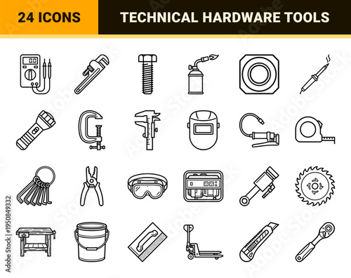 Industrial Maintenance and Mechanical Repair Symbol Set Featuring Technical Monoline Outlines for Engineering and Professional Hardware Utility