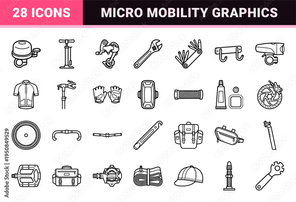 Fototapeta premium Urban Micro-Mobility and Cycling Infrastructure Technical Monoline Outline Symbols for Commercial Transportation Graphics