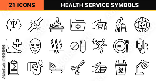 Medical Healthcare Outline Symbols Featuring Technical Monoline Aesthetic for Diagnostic Clinic and Specialized Hospital Services Interface