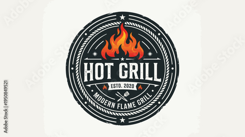 Modern Hot Grill Flame Restaurant Logo Badge Design Vector
