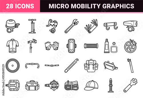 Urban Micro-Mobility and Cycling Infrastructure Technical Monoline Outline Symbols for Commercial Transportation Graphics