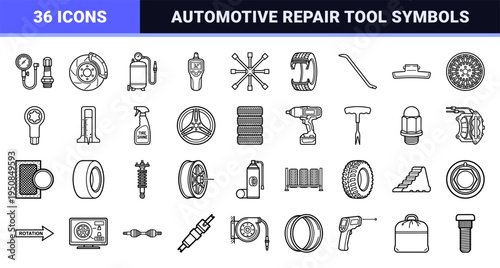 Automotive Wheel Maintenance and Tire Service Symbols in Sophisticated Monoline Technical Style for Professional Mechanic Interface Design