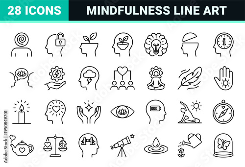 Mindfulness and Mental Wellness Monoline Icons featuring Minimalist Neural Concepts, Meditation Symbols, and Psychological Health Line Art.