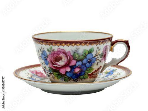 Elegant floral teacup and saucer set with delicate design on transparent background