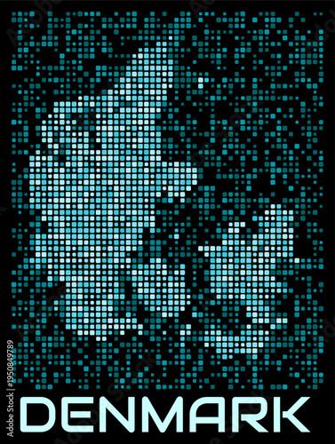 Denmark digital dotted map. Shape of the country in cyan color palette on dark background. Futuristic Denmark map design. Vector illustration.