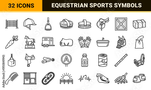 Equestrian Sports Monoline Outline Symbols Featuring Horse Care Equipment and Riding Gear in Sophisticated Minimalist Vector Design