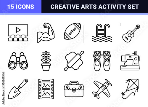 Hobbies and Leisure Activity Minimalist Monoline Symbols Featuring Sports Gaming Cooking and Creative Arts Thin Line Aesthetic