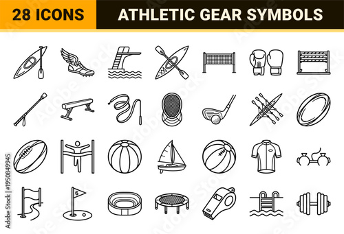 Professional Athletics and Summer Games Monoline Symbols Featuring Minimalist Sports Equipment and Competition Gear in Technical Line Art Style