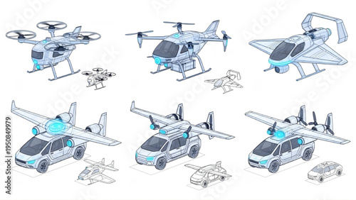 Modern Futuristic Drones and Small Aircraft Elevation Sets, Blueprint 3D Style, CAD Technical Drawings, Isolated on White Background