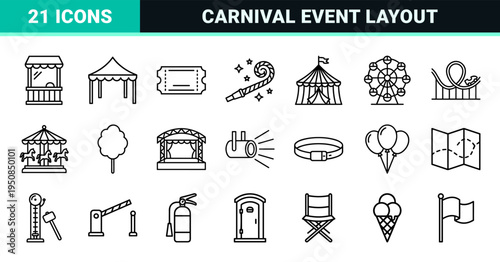Outdoor Carnival and Summer Festival Event Symbols Featuring Minimalist Monoline Outlines for Wayfinding and Digital Interface Design.