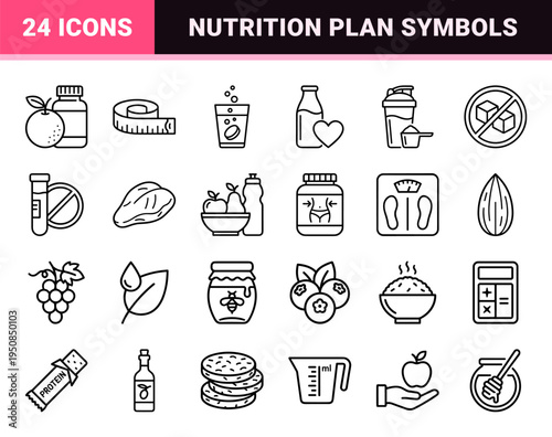 Dietary Supplement and Healthy Lifestyle Monoline Symbols featuring Minimalist Outline Graphics for Nutrition Apps and Wellness Branding