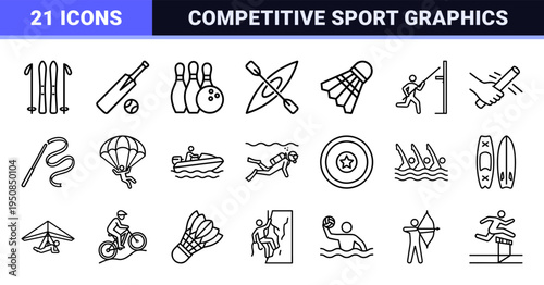 Professional Athletic Equipment and Competitive Sports Monoline Outline Symbols for Digital Interface and Commercial Design Projects