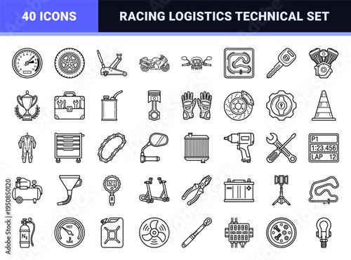 Motorcycle Racing and Garage Maintenance Neo-Line Symbols featuring Minimalist Outline Graphics for Technical Motorsports and Repair Logistics