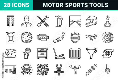 Motor Sports Racing and Automotive Maintenance Technical Monoline Icons featuring Minimalist Outline Symbols for Pit Crew and Track Logistics