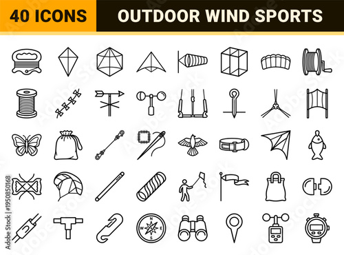 Technical Monoline Kite Flying Icon Set Featuring Minimalist Outdoor Recreation Symbols and Wind Sports Equipment in a Sophisticated Outline Style