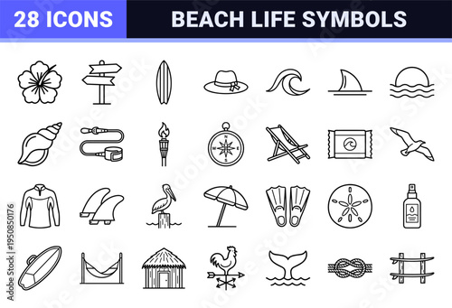 Minimalist Surf Culture Monoline Symbols for Coastal Branding and Beach Lifestyle Graphics Featuring High Legibility Linear Design Elements
