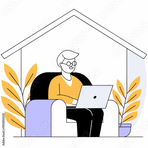Elderly man relaxing at home, comfortably seated in an armchair while using a laptop, surrounded by houseplants.
