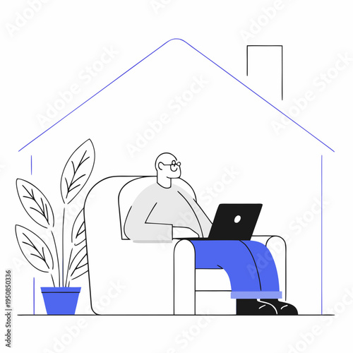 Elderly man relaxing at home, comfortably seated in an armchair while using a laptop, surrounded by houseplants.