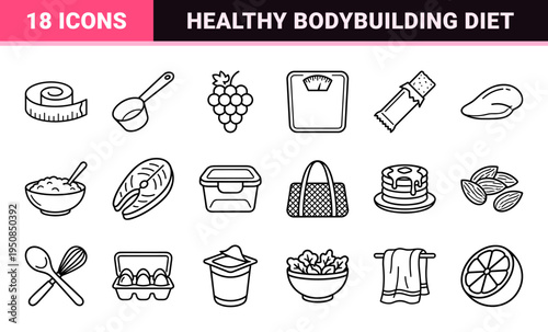 Professional Fitness Nutrition Monoline Symbols Featuring Supplement Containers Healthy Food and Bodybuilding Diet Lifestyle Outline Graphics