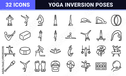 Minimalist Yoga Inversion and Gymnastic Balance Monoline Symbols for Wellness Apps and Digital Fitness Training Interfaces