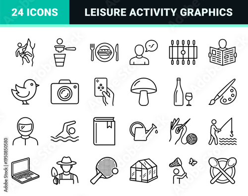 Diverse Activity and Lifestyle Monoline Icons featuring Minimalist Technical Line Art for Recreational Hobbies and Leisure Interests.
