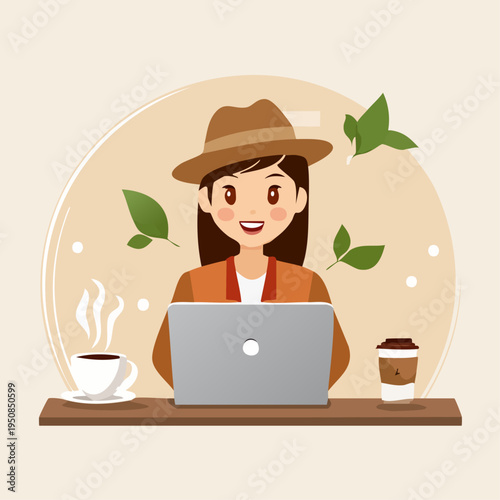 Young smiling woman freelancer working on laptop with coffee in a cozy cafe environment